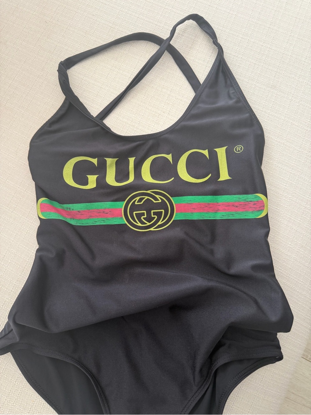 Gucci Black One-Piece with Yellow Logo and Green-Red Stripe